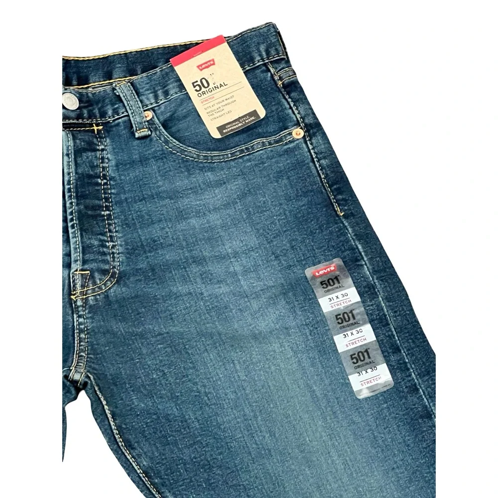 Levi's 501 Original Fit Jeans Mens 31x30 Blue Whiskered Denim‎ Straight Leg Logo